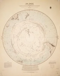 Iskort over den sydlige halvkugle udarbejdet på baggrund af Cook 1772-5, Bellingshausen 1819-21... og Shackleton 1908-9.