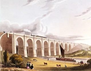 Industriel revolution: udsigt over jernbaneviadukten, der krydser Sankey-dalen. Plade taget fra "" Liverpool & Manchester Railway"", London 1832.
