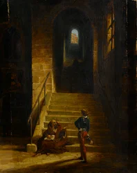 Interiør af et slot, med en siddende munk, ca. 1850 (olie på lærred)