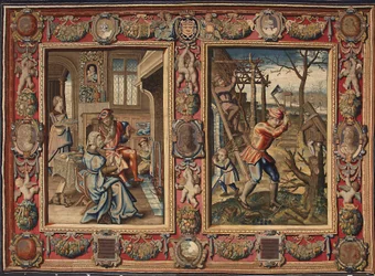 Januar og februar: "Et par ved bålet og en skovhugger"" Tapet af Mortlake-fabrikanterne. 1600-tallets gener, Musei di Strada Nuova