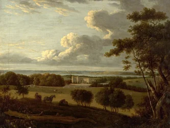 Landskab nær kysten (udsigt over et palæ med havet i det fjerne) (olie på lærred)
