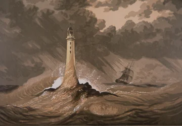 Fyrtårn advarer skibe mod sten i storm på havet (farve litho)