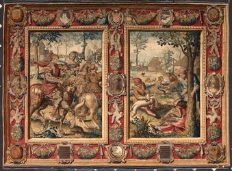 Maj og juni måned: "Jagt og klipning af får" Tapet af manufakturerne i Mortlake. Det 17. århundrede Genes, Musei di Strada Nuova