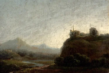 Bjerglandskab, aften (olie på træ)