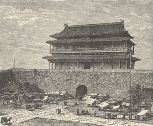 Tsien Men gate, indgang til Den Forbudte By, Beijing (Peking), Kina (gravering)