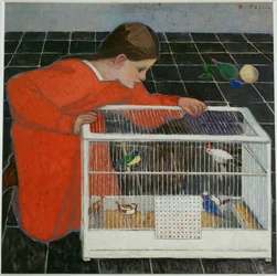 Silvia Koller med fuglebur (olie på lærred)