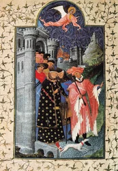 Hertug Jean de Berry (1340-1416) og hans ejendomsforvalter. Miniature af Jean Limbourg (1370-1416) for ""The Tres Riches Heures du Duc de Berry"" Circa 1440 Paris. B.N.