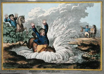 Coming in at the Death, ætset af James Gillray (1757-1815) udgivet af Hannah Humphrey i 1800 (håndfarvet radering)