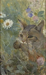 En kat med en ung fugl i munden, 1885