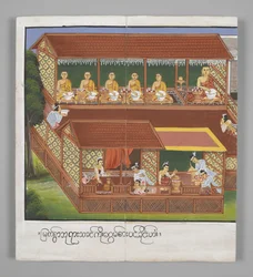 Eller. 13534, f.18, Munke med skåle, Scener fra Buddhas liv (pergament)