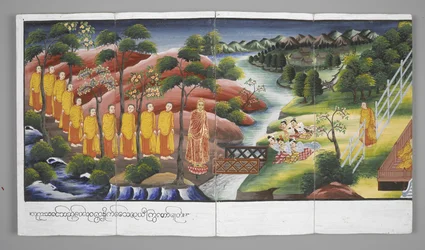 Eller. 13534, f.23 Munke krydser en flod, Scener fra Buddhas liv (pergament)