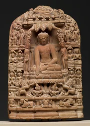 Plaque, der viser episoder fra Shakyamuni Buddhas liv (pyrofyllit)