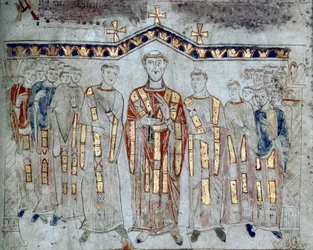 Byzantinsk kunst: "" Forsamling af kapitlet i Cathedrale of Gaete (Gaeta) sammensat af eveques og diakoner""" Miniature taget fra "Exultet"" fra begyndelsen af det 11. århundrede Museo Diocesano, GaETA