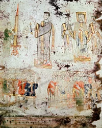 Byzantinsk kunst: "" Ceremoni for velsignelsen af påskelyset i nærværelse af eveque, medlemmerne af gejstligheden og herrerne (patricius) i byen Gaete (Gaeta) i Italien"" Miniature fra "Exultet" fra begyndelsen af det 11. århundrede Museo