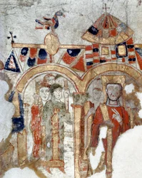 Byzantinsk kunst: "" Diakon og fidele under en procession til kirken""" Miniature taget fra "" Exultet"" fra begyndelsen af det 11. århundrede Museo Diocesano, Gaeta