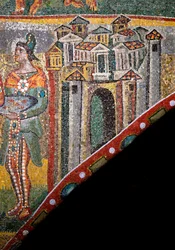 Kristen kunst: "Tilbedelse af Magi"". Detalje af landskabet. Mosaik fra det 5. århundrede. Triumfbuen, Santa Maria Maggiore-basilikaen (Holy Mary Major), Rom.
