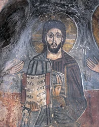 Nærbillede af en fresko af en pantokrator, Kristus Pantokrator, Zoupena, Sparta, Peloponnes, Grækenland
