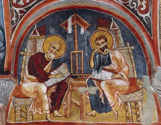 Evangelisterne Lukas og Matthæus skriver evangelier, Karanlik Kilise (Dark Church) (12.-13. århundrede), Goreme (Unescos verdensarvsliste)