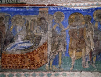 Helbredelse af Simon Peters svigermor og lamme mand, byzantinsk fresco (12. århundrede), Tokali Kilise (Spændekirken) (12.-13. århundrede), Goreme (Unescos verdensarvsliste)