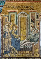 Jesus helbreder Simons svigermor fra feber, byzantinsk mosaik, episoder fra Kristi liv, XII-XIII århundreder (mosaik)