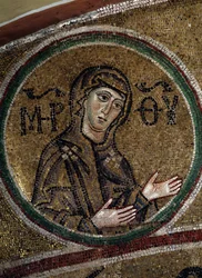 Jomfru Oranta (ortodoks kristen afbildning af Jomfru Maria, der beder med udstrakte arme) (Jomfru Orans). Mosaik af en byzantinsk mester, omkring 1037-1050, gammel russisk kunst. Hvælving af Sankt Sophia-katedralens kor i Kiev (Ukraine).