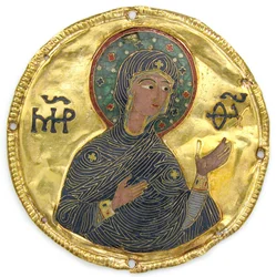 Medaljon med Jomfruen fra en ikonramme, ca. 1100 (guld, sølv og emalje cloisonné)