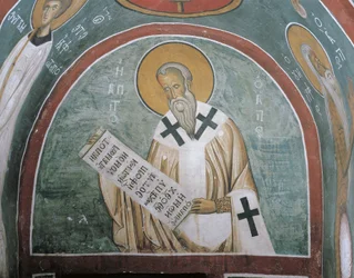 Malerier af en helgen, der holder et brev, den hellige Ignatius af Antiokia, Panagia tou Araka, Lagoudera, Cypern