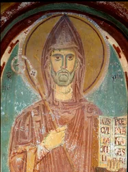 Repræsentation af Sankt Benedikt af Nursie (6. århundrede) Detalje af en fresko af den byzantinske skole. Begyndelsen af det 13. århundrede. Klosteret Saint Benoit (Sacro Speco), Kapel Saint Gregoire a Subiaco (Rom), Italien