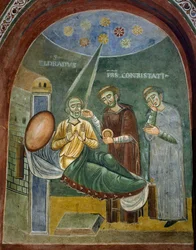 Sankt Eldrad døende modtager eukaristien, detaljer fra historierne om Sankt Eldrad, romansk freskomaleri, byzantinsk stil, slutningen af det 11. århundrede, Kapel Sankt Eldrad og Sankt Nikolaus, Novalesa Abbey, Piemonte, Italien.