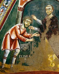 Saint Eldrad tager afsted til Santiago de Compostela, detaljer fra historierne om Saint Eldrads liv, romansk fresco, byzantinsk stil, slutningen af det 11. århundrede, Kapel Saint Eldrad og Saint Nicholas, Novalesa Abbey, Piemonte, Italien.