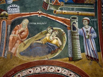 Sankt Nikolas redder en rig købmand, der er faldet i fattigdom og betaler sine døtres medgift, Detalje fra historier om Sankt Nikolas, romansk freskomaleri, byzantinsk stil, slutningen af det 11. århundrede, Kapel Sankt Eldrad og Sankt Nikolas, Novalesa Ab