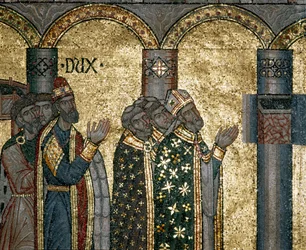 Byzantinsk arkitektur: Opdag Markus urne. Detalje af mosaik på guld baggrund. Basilica di San Marco (Basilica di San Marco), Venedig