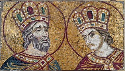 Den romerske kejser Konstantin 1. med sin mor, Sankt Helena (mosaikdetalje)