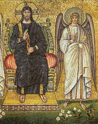 Den tronende Kristus-dommer med en engel ved sin side, detalje, 6. århundrede (mosaik)