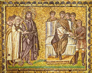 Kristus foran Pilatus, der vasker sine hænder, ypperstepræster og romerske soldater, 6. århundrede (mosaik)