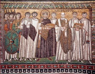 Kejser Justinian I og hans følge af embedsmænd, vagter og gejstlige, ca. 547 e.Kr (mosaik)