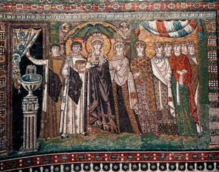 Kejserinde Theodora med sit hof bestående af to ministre og syv kvinder, ca. 547 e.Kr (mosaik)