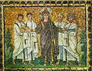 Jesus og mangfoldiggørelsen af brød og fisk, fire apostle, 6. århundrede (mosaik)