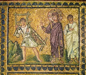 Jesus helbreder en person, der lider af lammelser, 6. århundrede (mosaik)