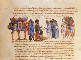 MMS Vitr 26-7 ambassadør fra Kiev sendt af kong Vladimir (978-1015) bliver fortalt om kristendommen af en byzantinsk biskop fra Madrid Skylitzes