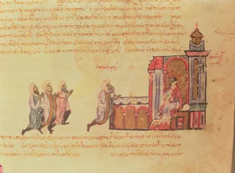 MMS Vitr 26-7 Den byzantinske kejser Romanus III Argyrus (ca. 968-1034) giver publikum til Emir Ben Zarah fra Madrid Skylitzes (blæk & guld på vellum)