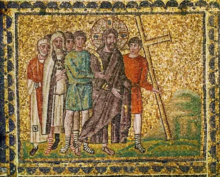 Bæring af korset. Kristus, soldater og ypperstepræster på vej til Golgatha, 6. århundrede (mosaik)