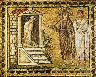 Opvækkelsen af Lazarus fra de døde, Jesus og en apostel, 6. århundrede (mosaik)