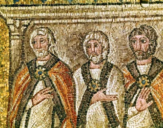 Tre medlemmer af Sanhedrin, detalje af "Jesus foran Kajfas", 6. århundrede (mosaik)