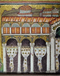 Udsigt over den byzantinske kejser Theodorik den Stores palads. Detalje. Sidemosaik i midterskibet, basilikaen Sant
