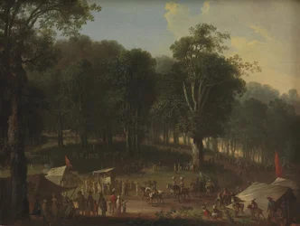 En gruppe kunstnere ankommer til messen på Dyrehavsbakken ved Dyrehaven, nord for København