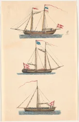 Tre marineskibe med danske flag. Åredrevne