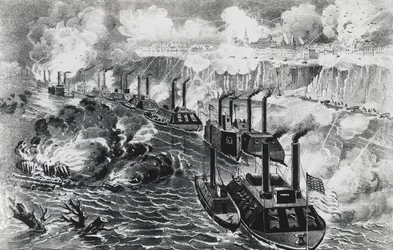 Admiral David Dixon Porters flåde kører oprørsblokade på Mississippi ved Vicksburg, 16. april
