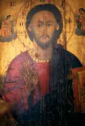 Kristus, malet på træ i Agios Antonios kirke, Kavousi, Kreta, Grækenland (foto)