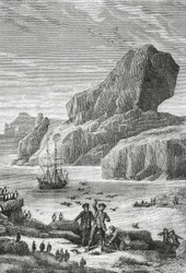 Opdagelsen af Austral Frankrig (Kerguelen Islands) af den franske opdagelsesrejsende Yves-Joseph de Kerguelen-Tremarec (1734-1797), februar 1772, gravering, Det Indiske Ocean, det franske sydlige og antarktiske territorium